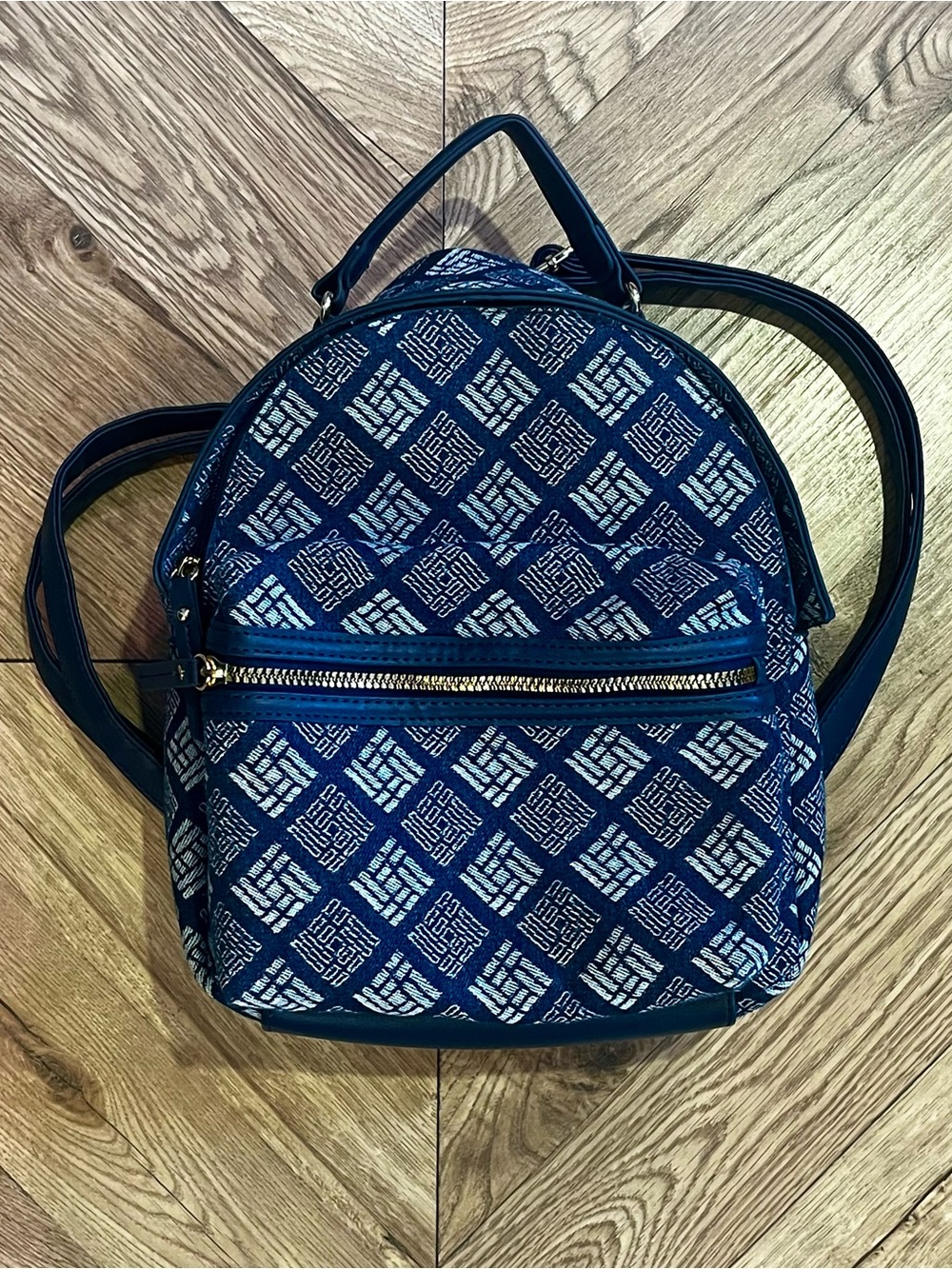 Primark Navy White Geometric Pattern Mini Backpack Adjustable Straps